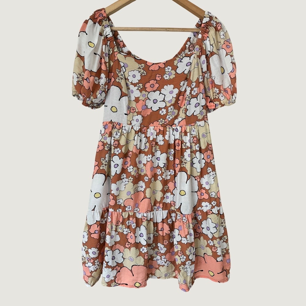 Jodifl Retro Floral Tiered Mini Dress Puff Sleeve Terracotta B20981-1 Small